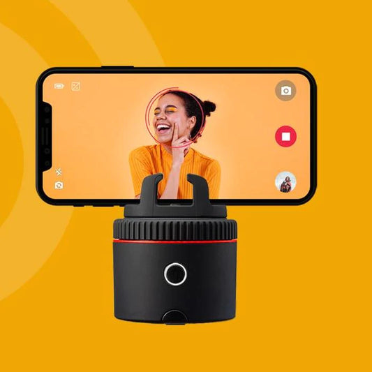 Woman recording a video with a smartphone mounted on a Pivo Pod