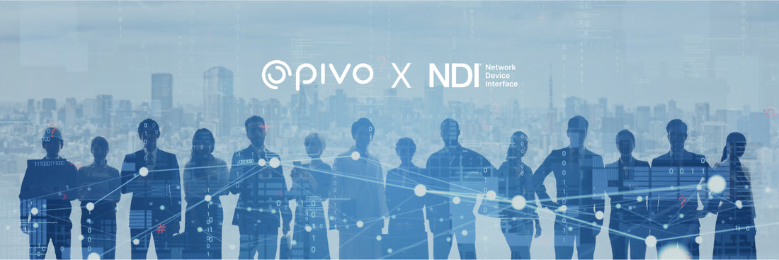 Pivo and NDI partnership graphic over silhouettes connected by a digital network