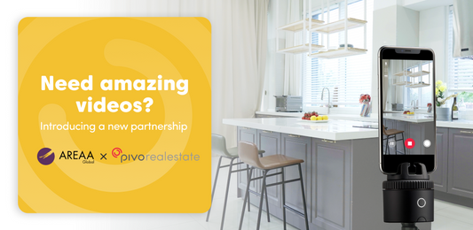 AREAA Global and Pivo Real Estate partnership announcement beside a virtual home tour