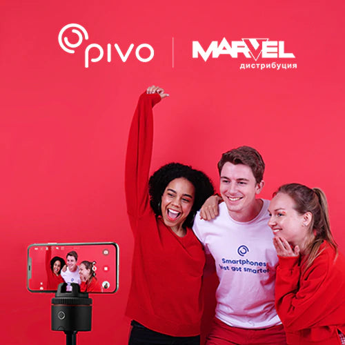 Pivo and Marvel Distribution partnership graphic with three creators and a Pivo Pod
