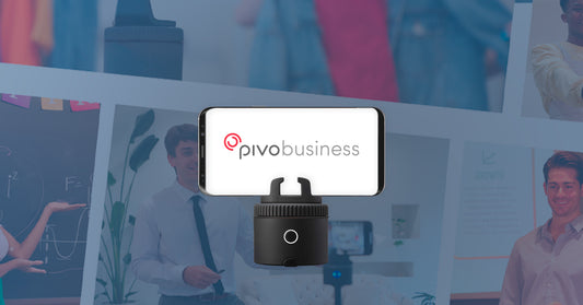 Pivo Business smartphone mount displayed over a remote-work meeting scene