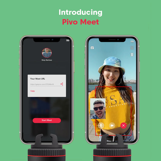 Pivo Meet app screens showing a video call on smartphones mounted to Pivo Pods