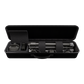 Open black hard-shell nylon travel case classic with organized compartments holding camera tripod and accessories inside