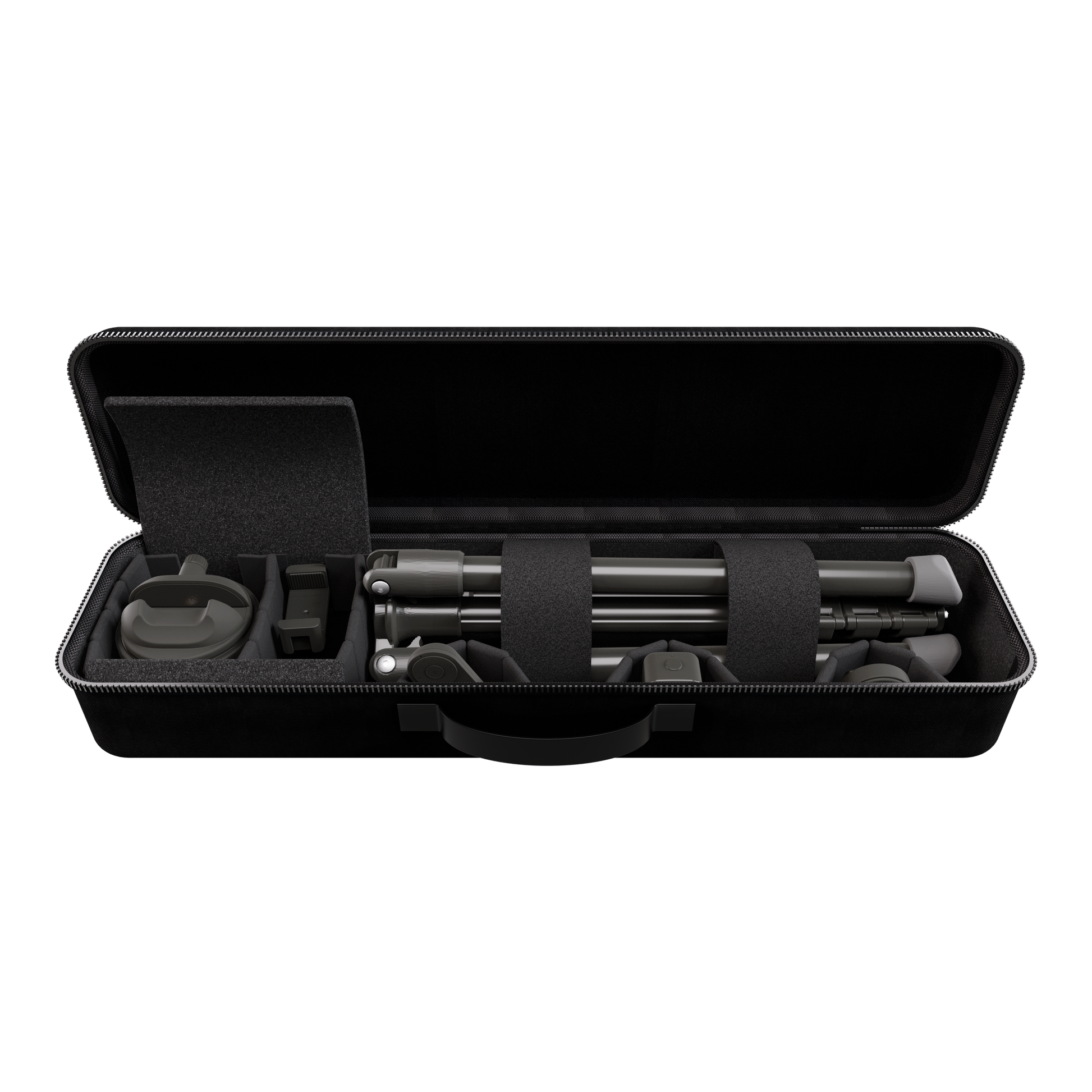 Open black hard-shell nylon travel case classic with organized compartments holding camera tripod and accessories inside