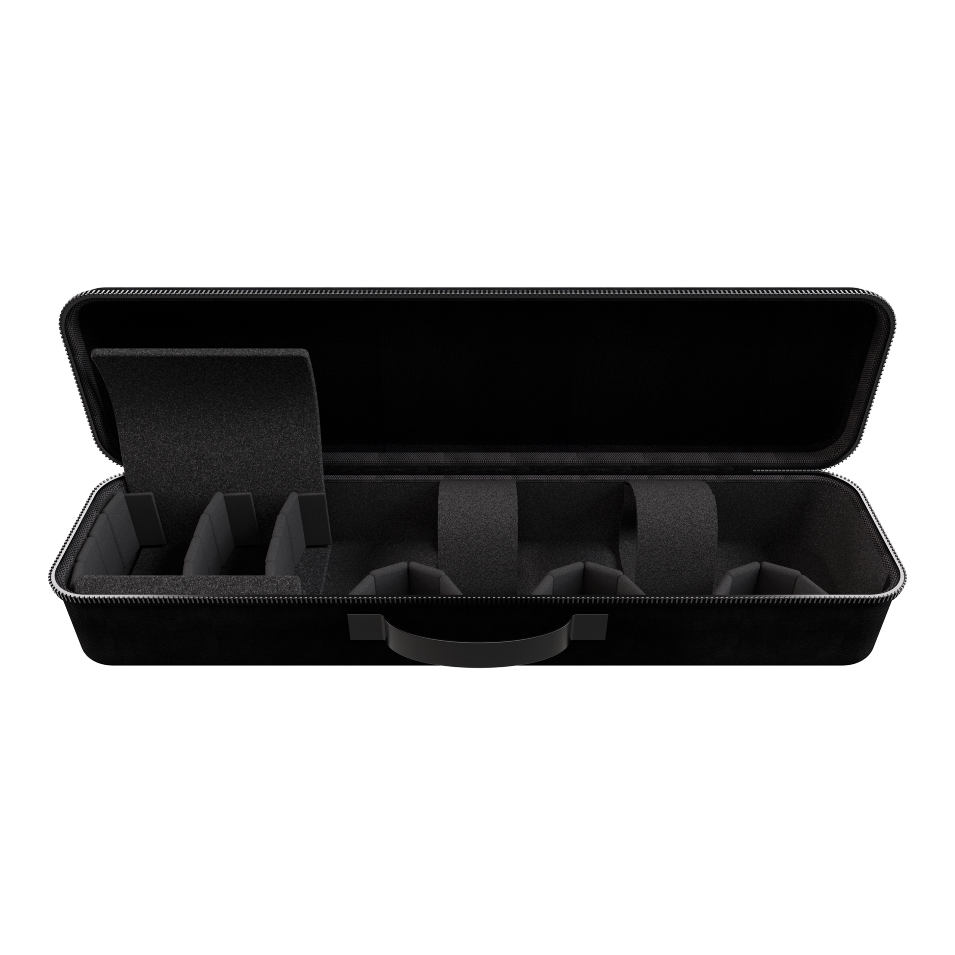 Open black hard-shell Travel Case Classic made of lightweight durable nylon with custom foam compartments for secure storage